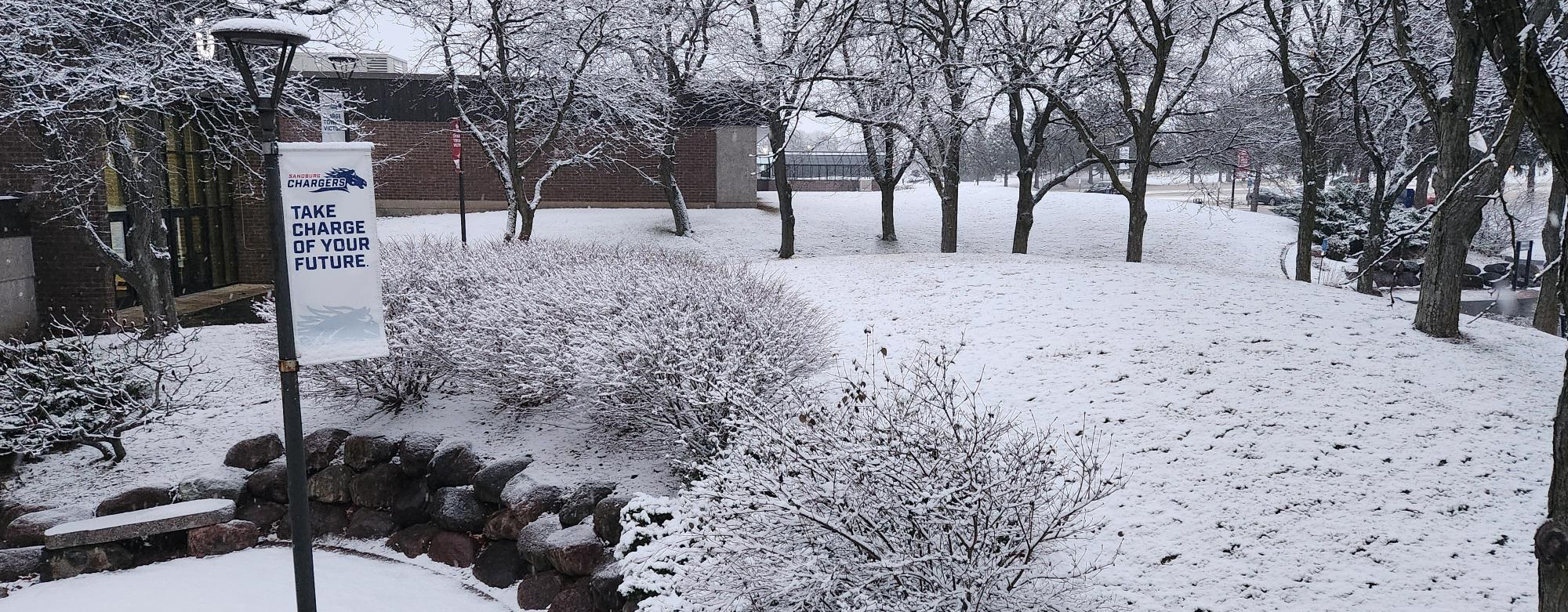 campus view with bushes and trees covered with snow.