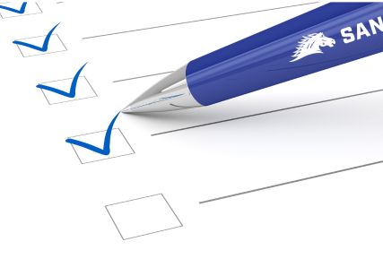 A checklist with boxes checked off and a blue pen with Sandburg's logo